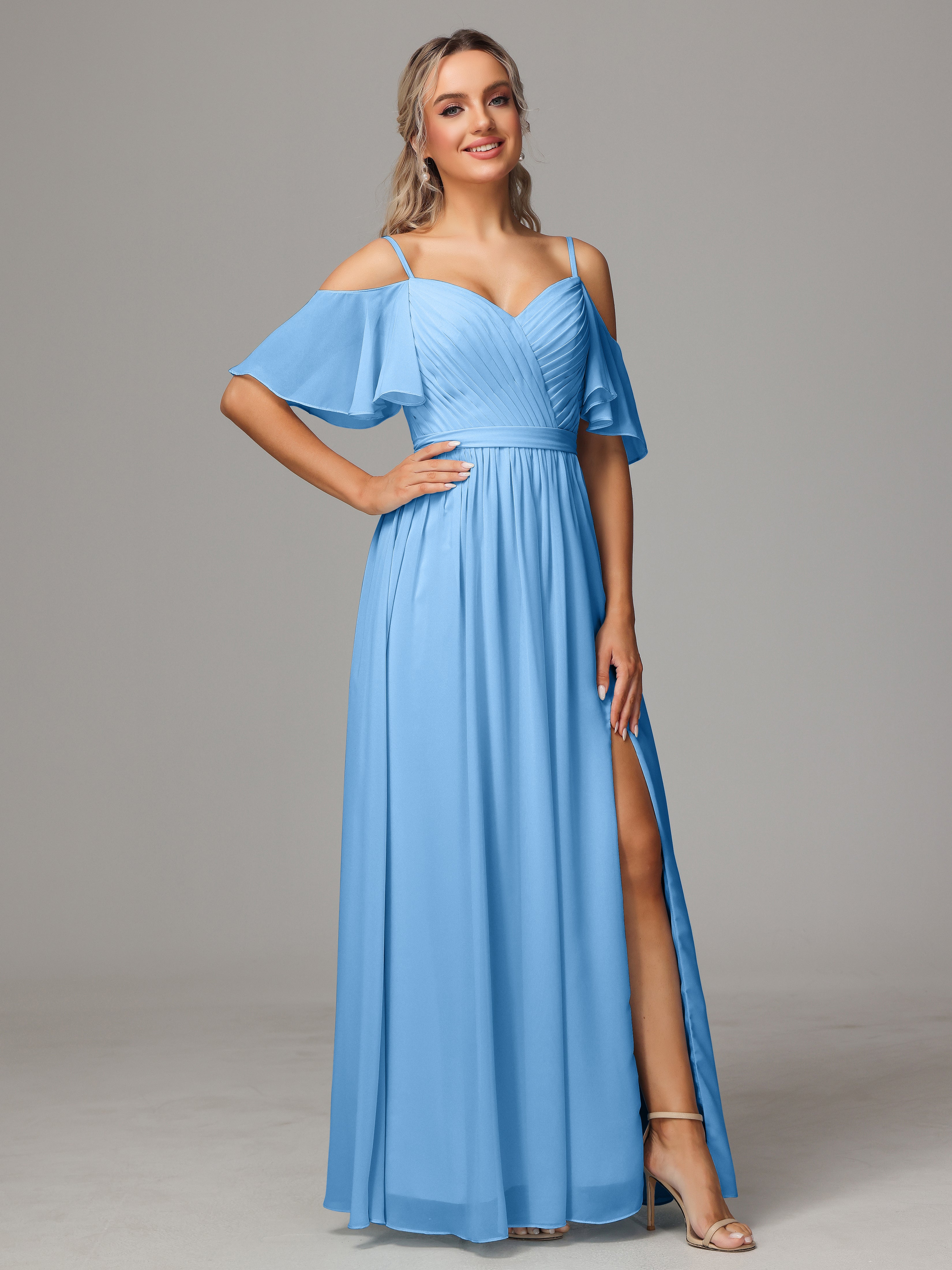 Off The Shoulder A Line Chiffon Bridesmaid Dress With Slit