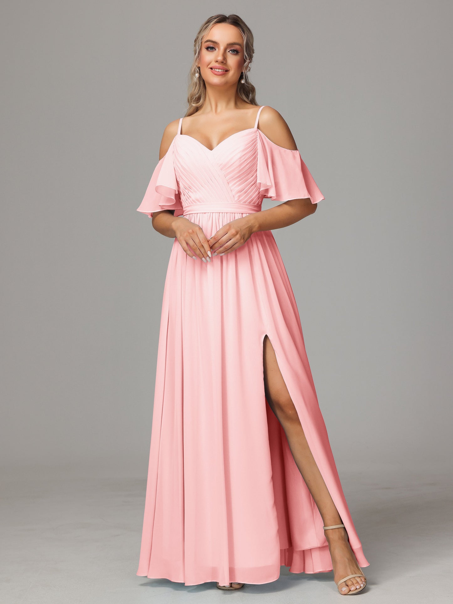 Off The Shoulder A Line Chiffon Bridesmaid Dress With Slit