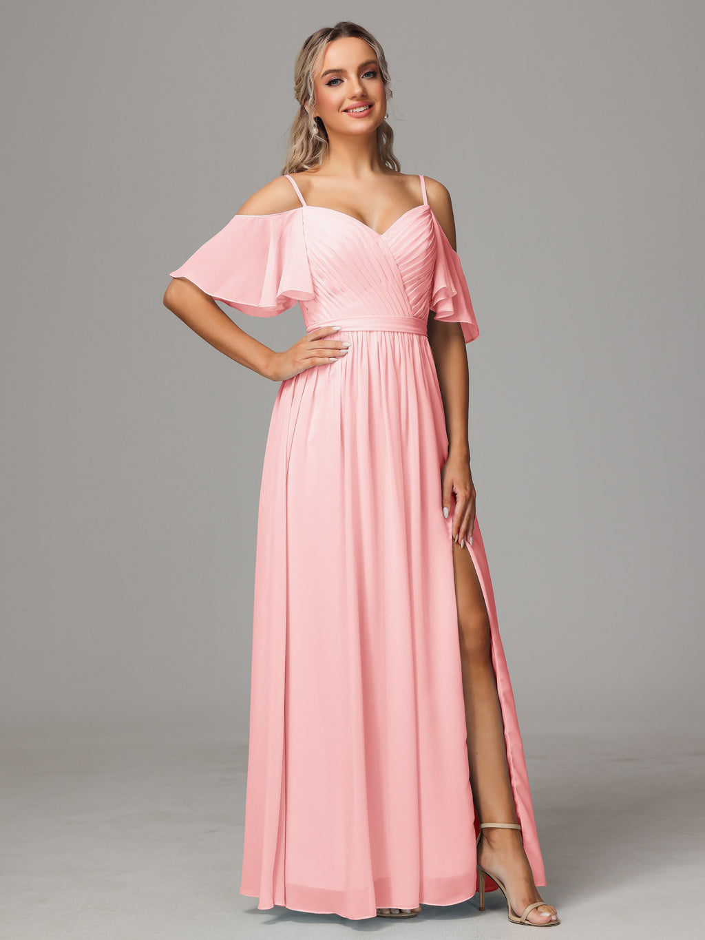 Off The Shoulder A Line Chiffon Bridesmaid Dress With Slit