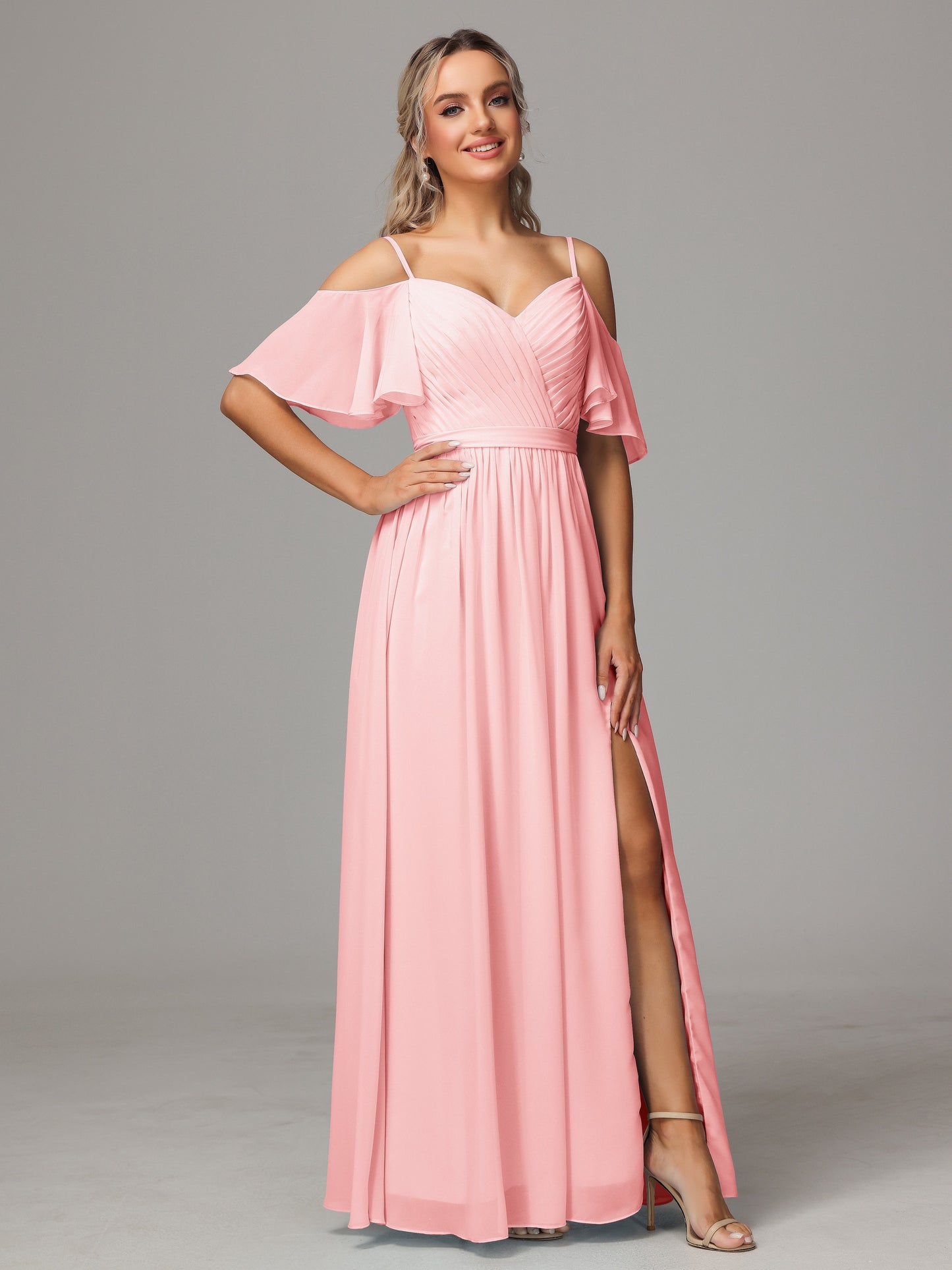 Off The Shoulder A Line Chiffon Bridesmaid Dress With Slit