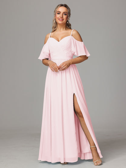 Off The Shoulder A Line Chiffon Bridesmaid Dress With Slit