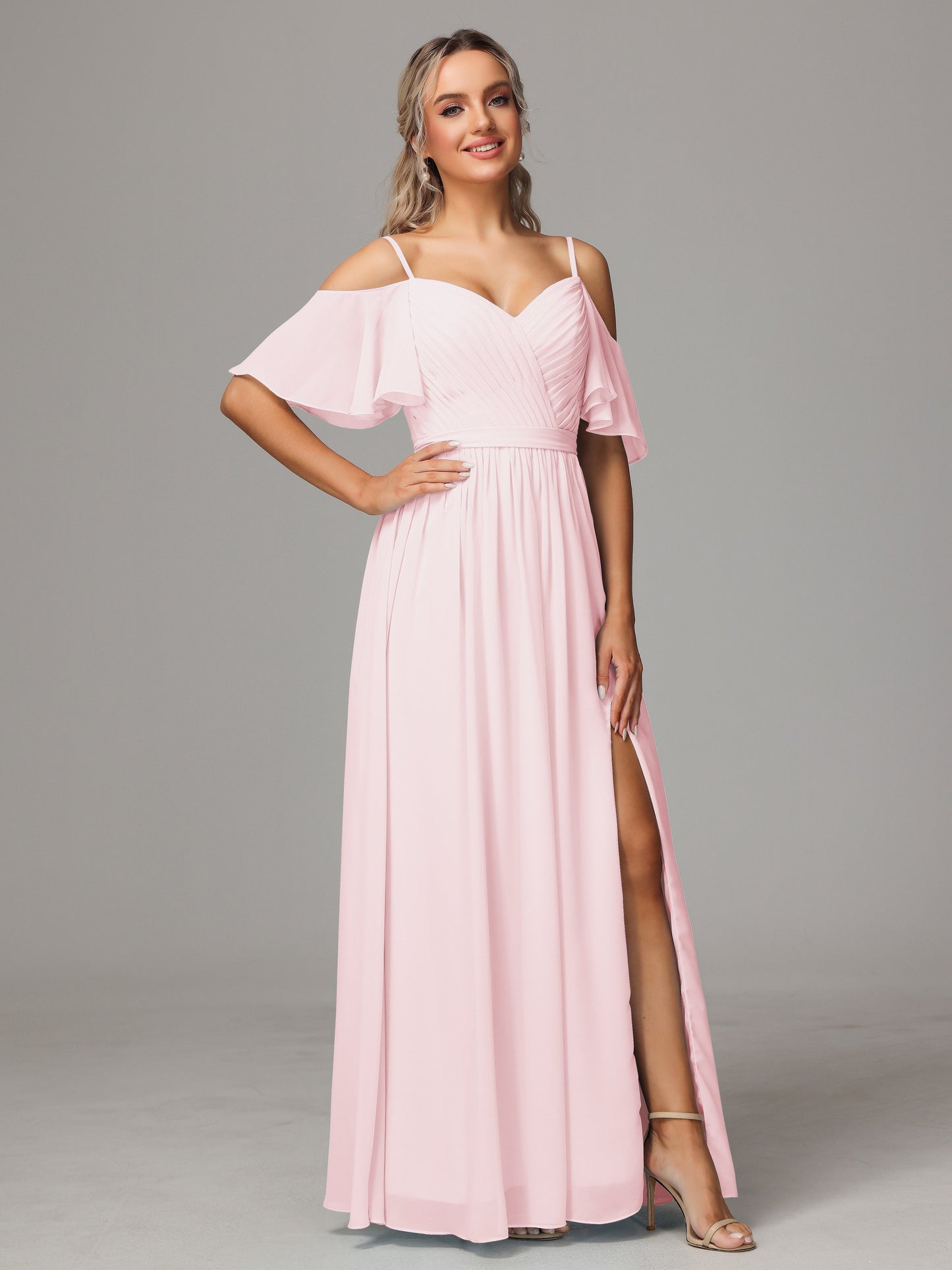 Off The Shoulder A Line Chiffon Bridesmaid Dress With Slit