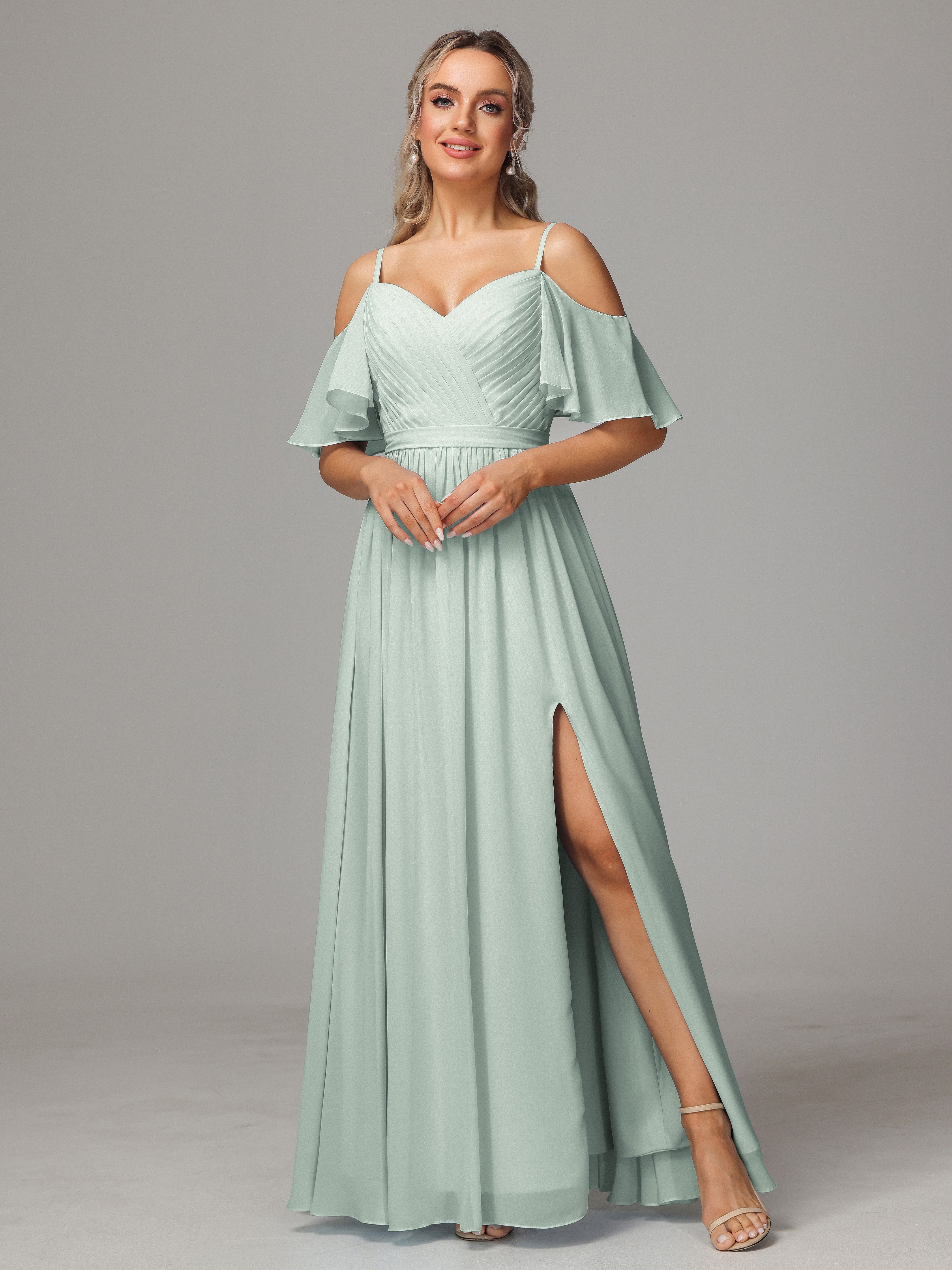 Off The Shoulder A Line Chiffon Bridesmaid Dress With Slit