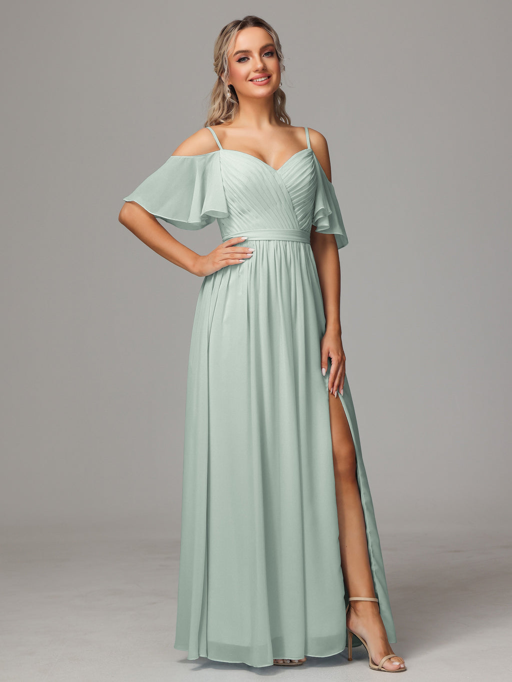 Off The Shoulder A Line Chiffon Bridesmaid Dress With Slit