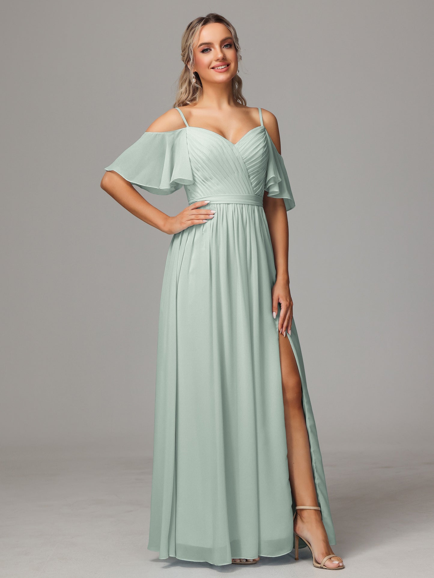 Off The Shoulder A Line Chiffon Bridesmaid Dress With Slit