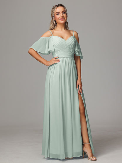 Off The Shoulder A Line Chiffon Bridesmaid Dress With Slit