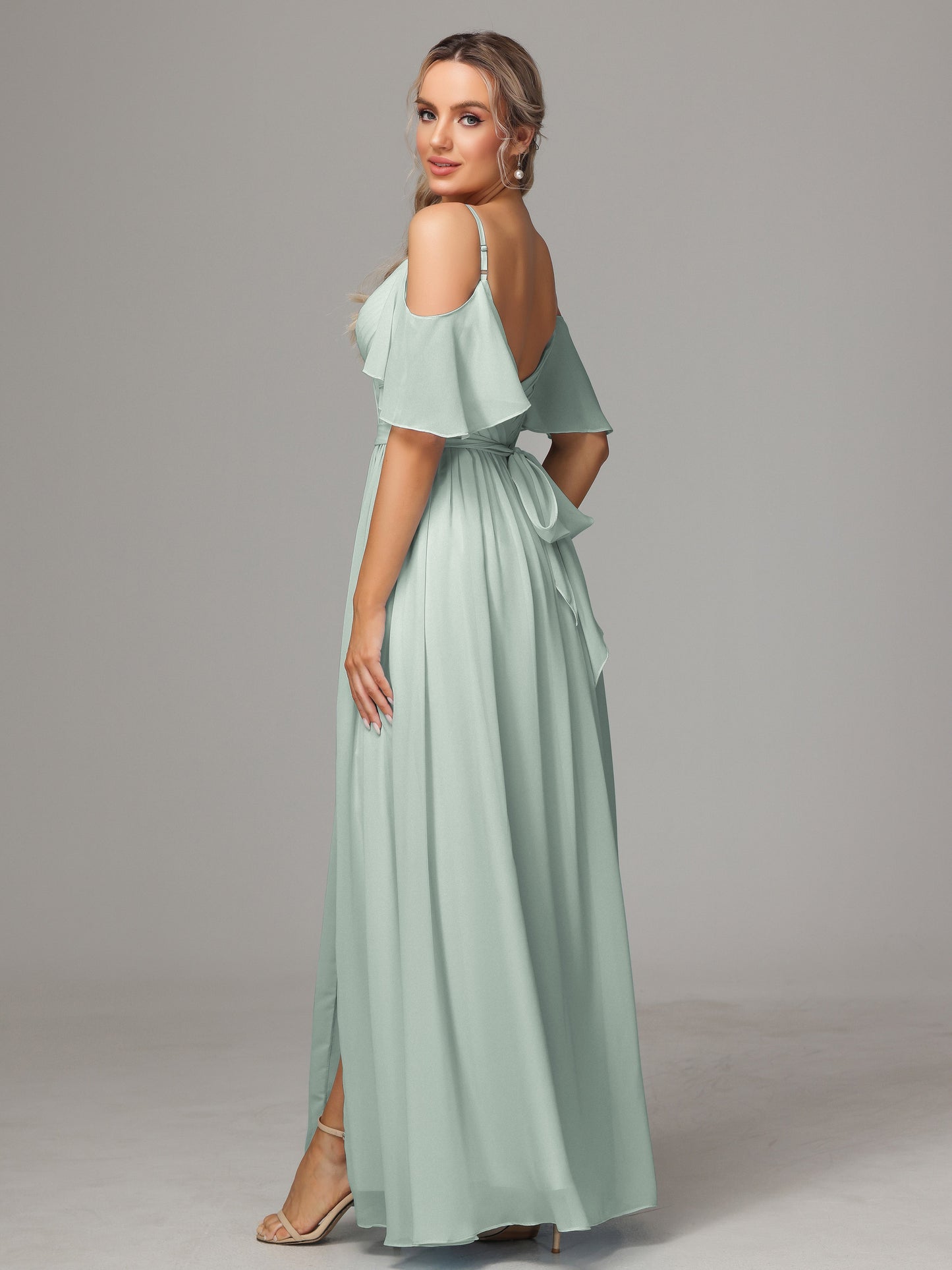 Off The Shoulder A Line Chiffon Bridesmaid Dress With Slit