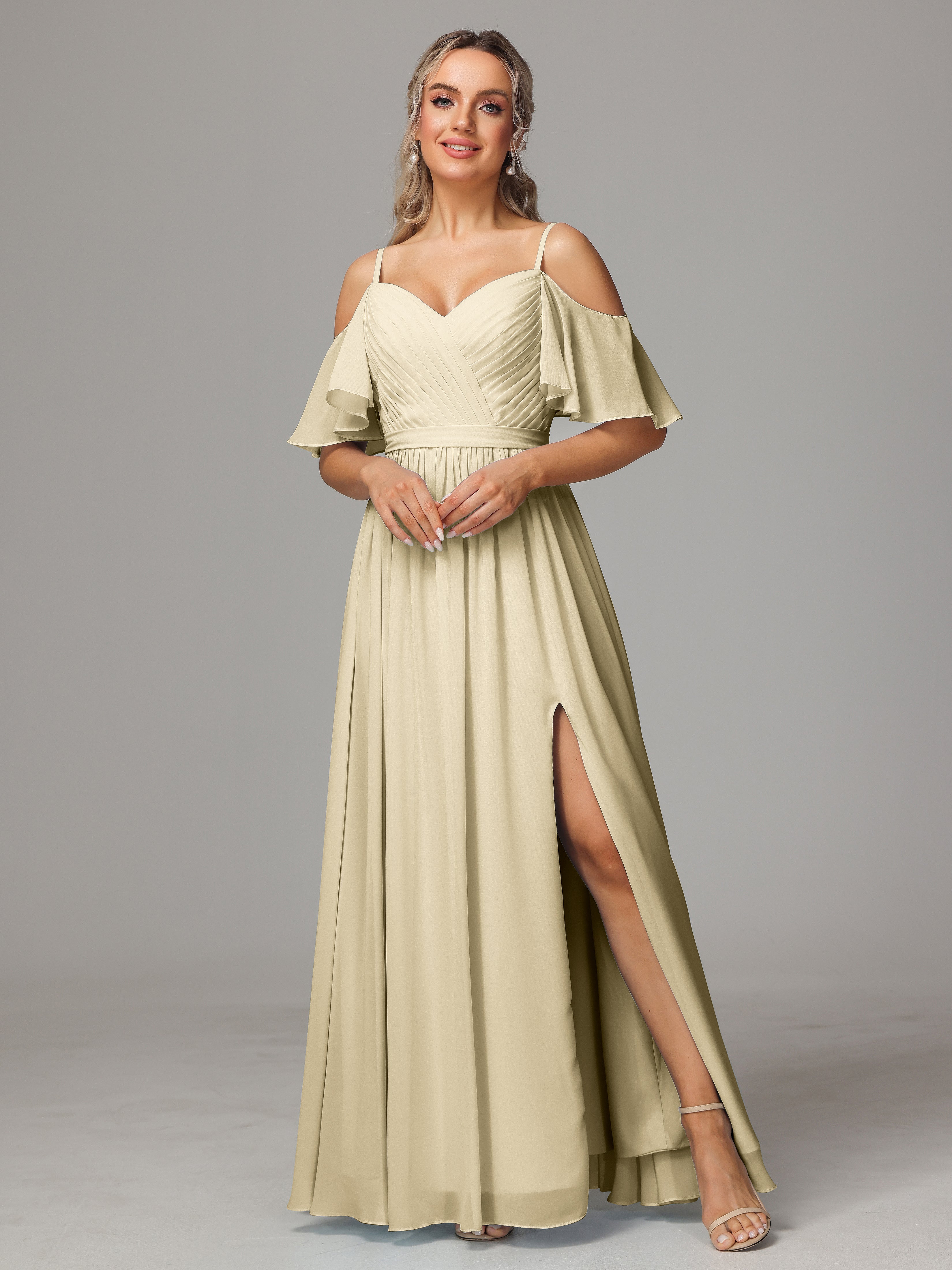 Off The Shoulder A Line Chiffon Bridesmaid Dress With Slit