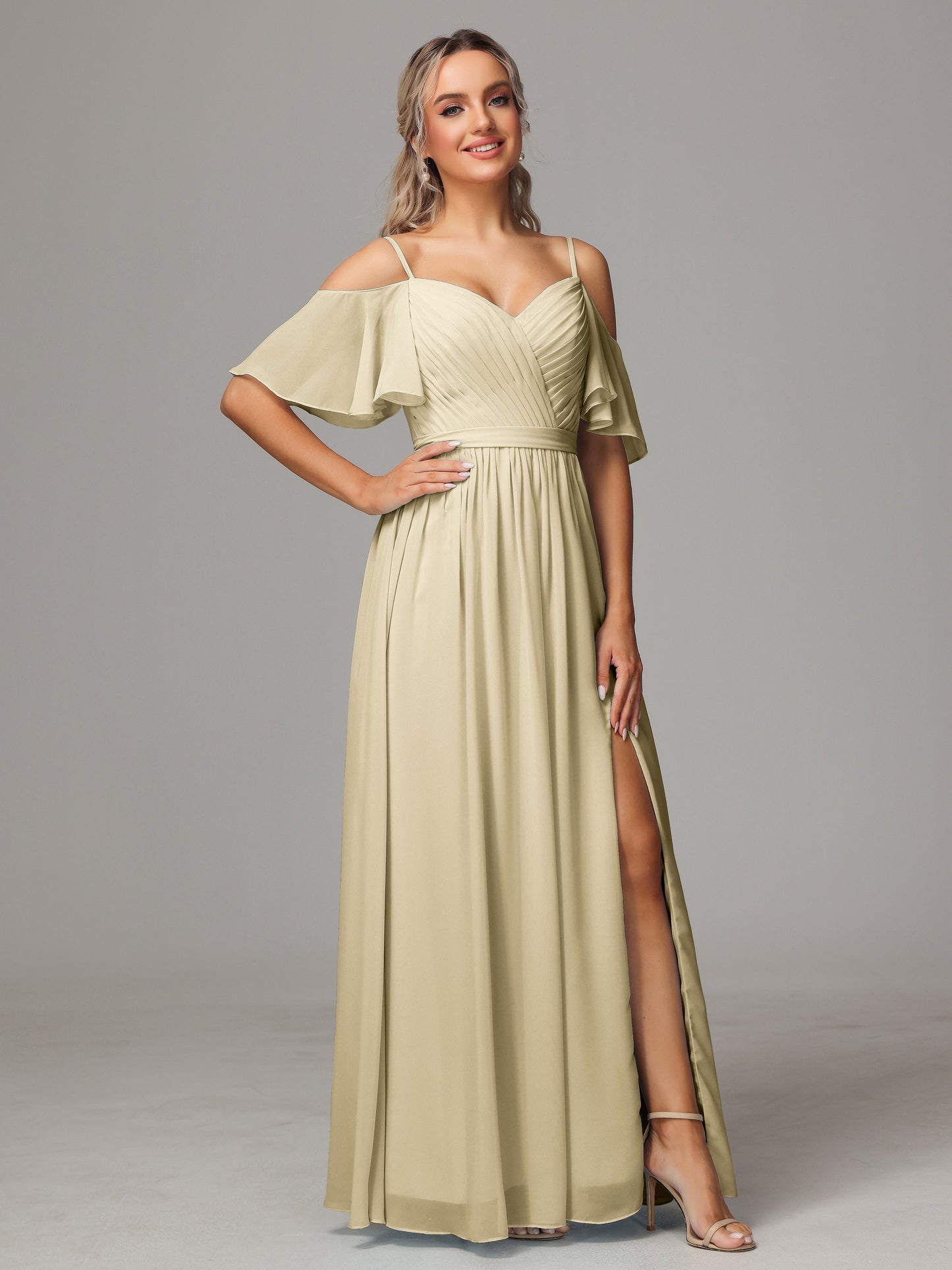 Off The Shoulder A Line Chiffon Bridesmaid Dress With Slit