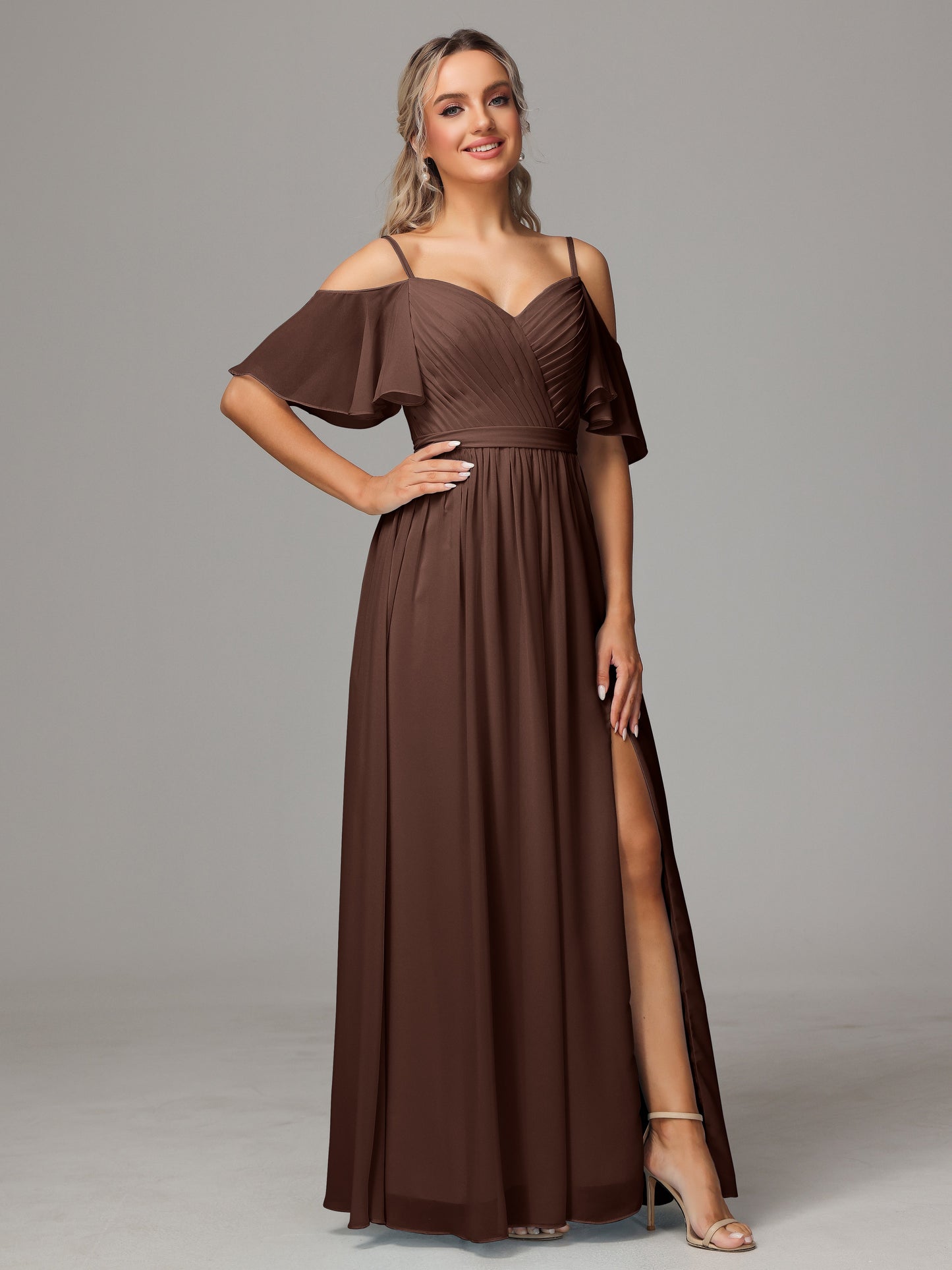 Off The Shoulder A Line Chiffon Bridesmaid Dress With Slit