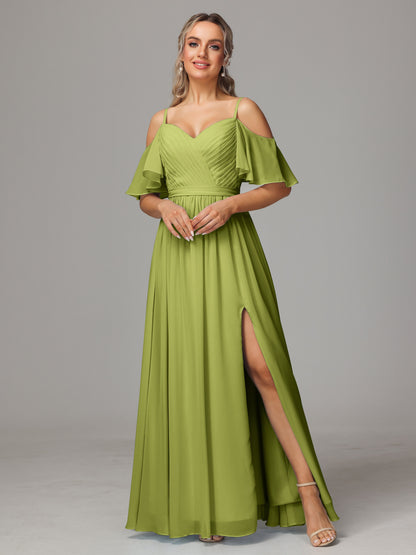 Off The Shoulder A Line Chiffon Bridesmaid Dress With Slit