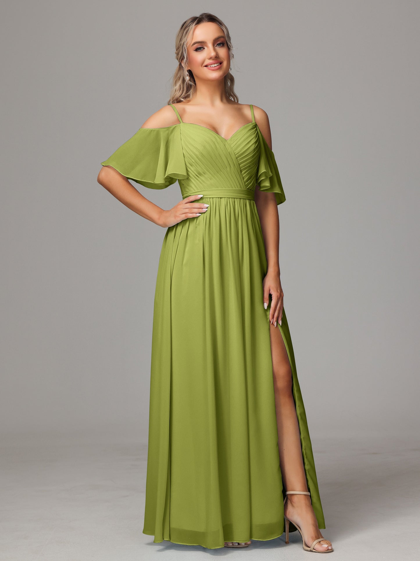 Off The Shoulder A Line Chiffon Bridesmaid Dress With Slit