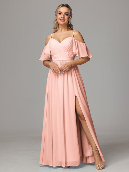 Off The Shoulder A Line Chiffon Bridesmaid Dress With Slit