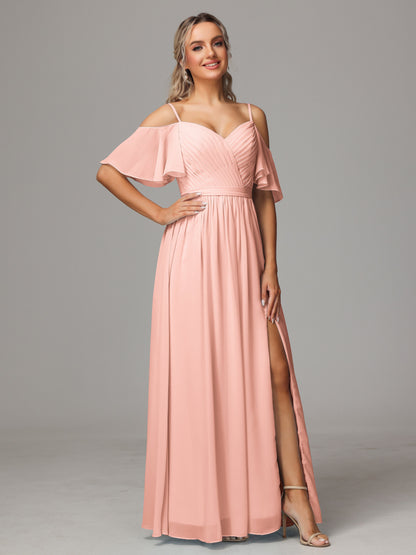 Off The Shoulder A Line Chiffon Bridesmaid Dress With Slit