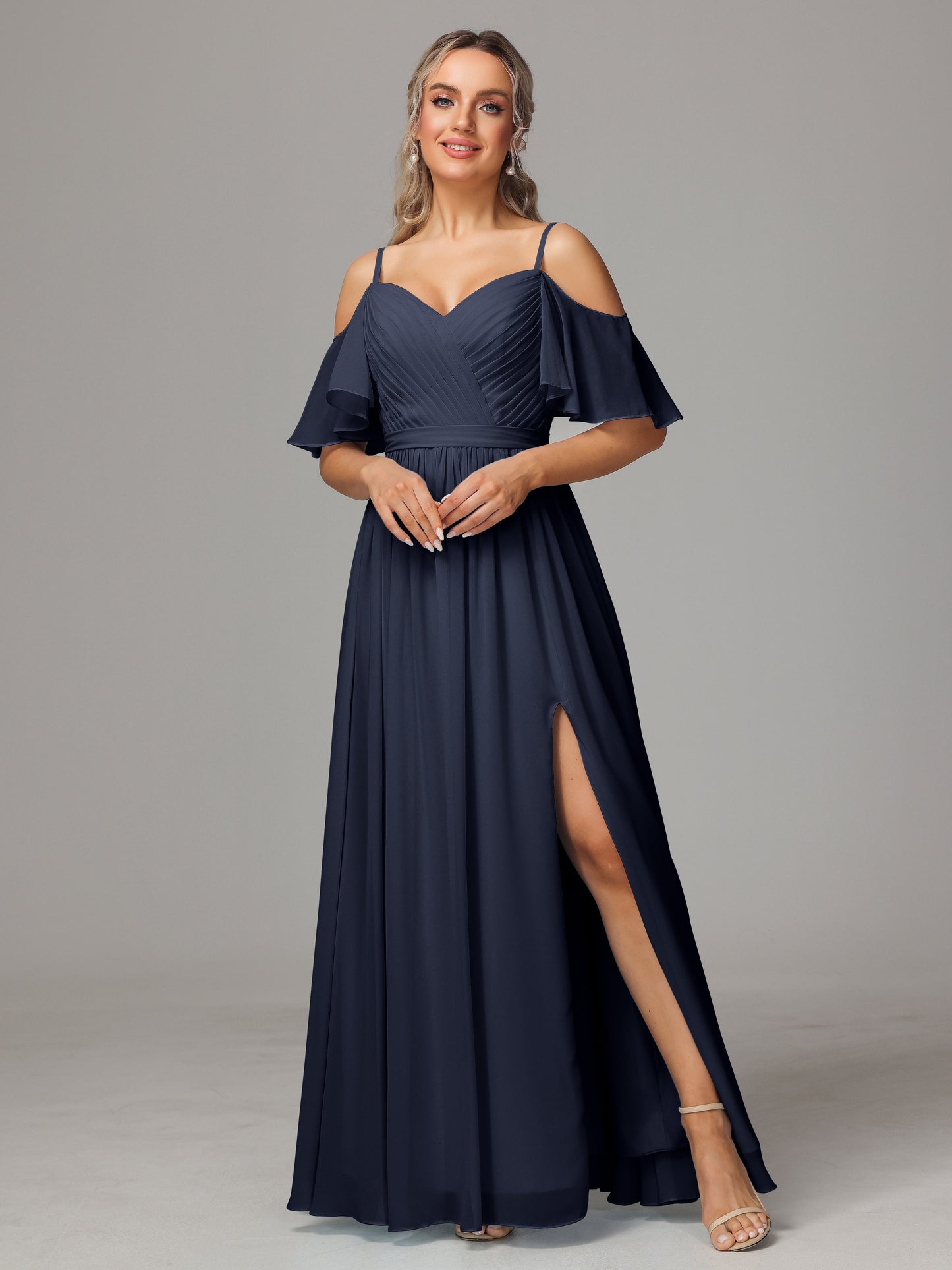 Off The Shoulder A Line Chiffon Bridesmaid Dress With Slit