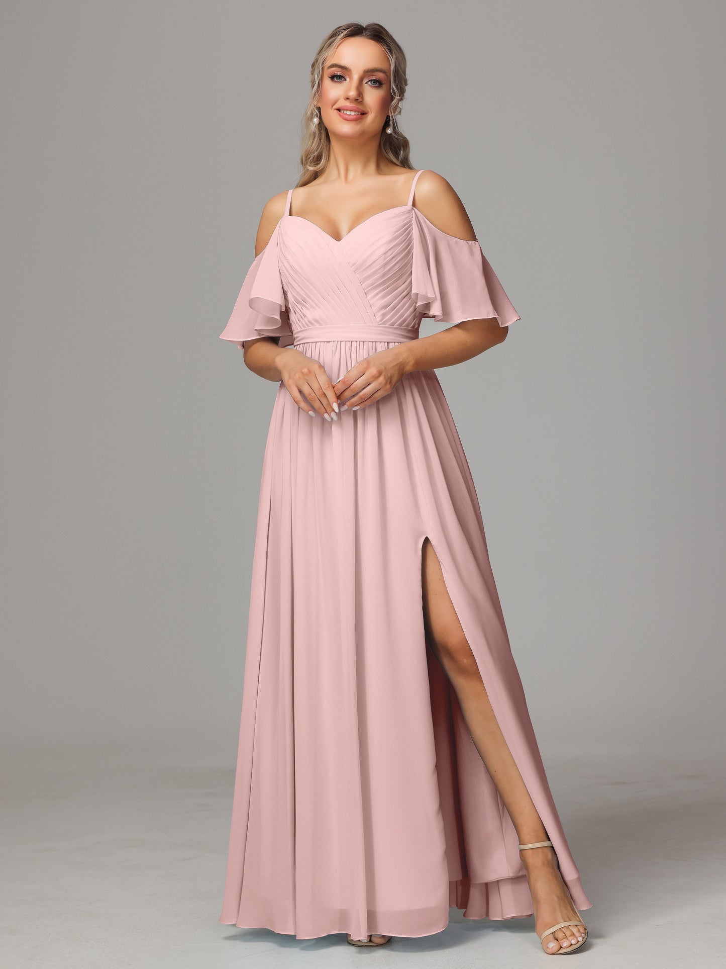 Off The Shoulder A Line Chiffon Bridesmaid Dress With Slit