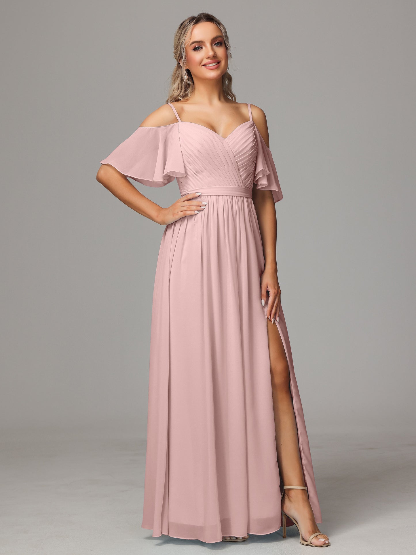 Off The Shoulder A Line Chiffon Bridesmaid Dress With Slit