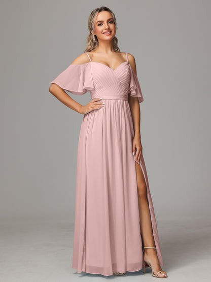 Off The Shoulder A Line Chiffon Bridesmaid Dress With Slit