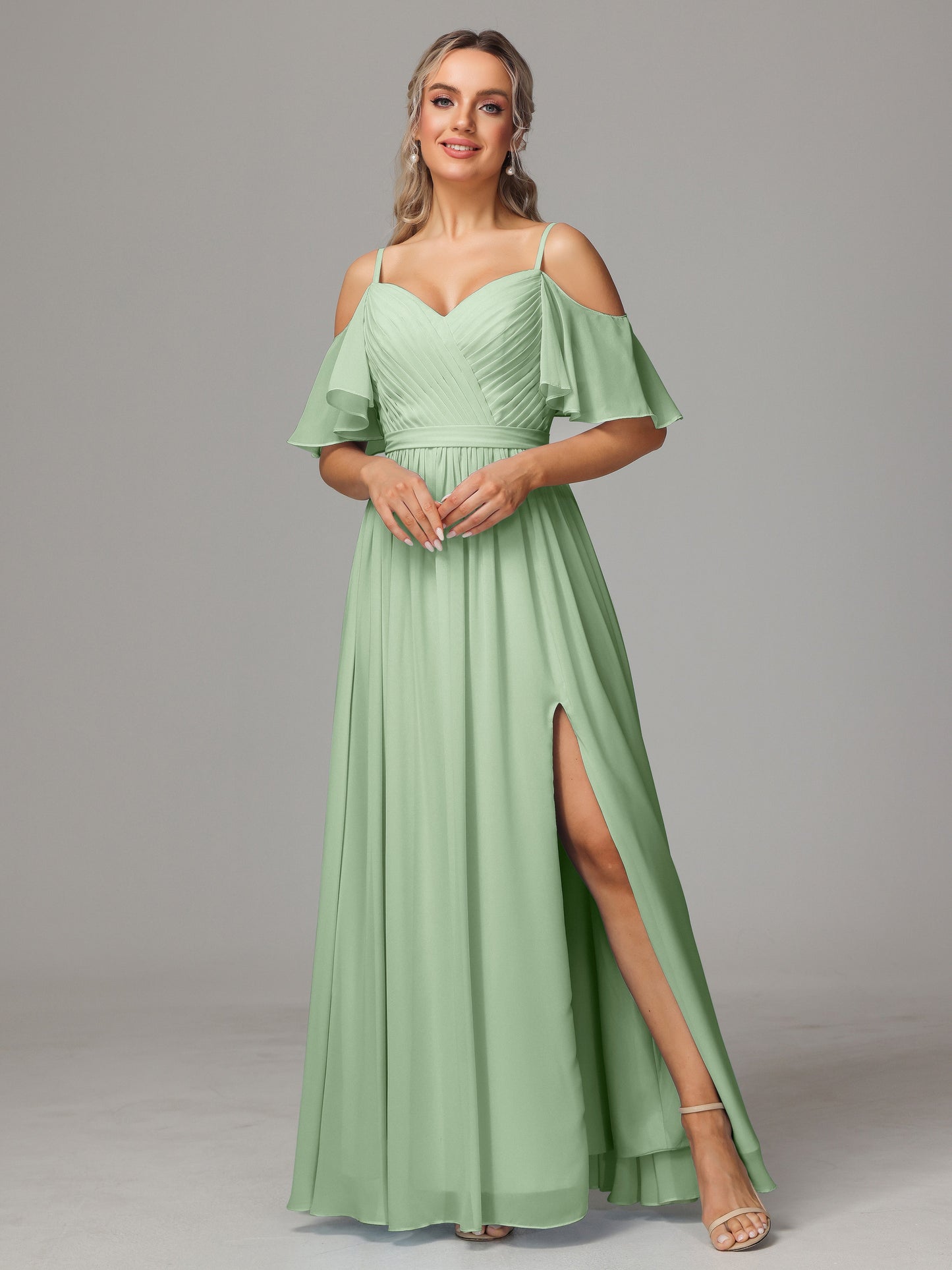 Off The Shoulder A Line Chiffon Bridesmaid Dress With Slit