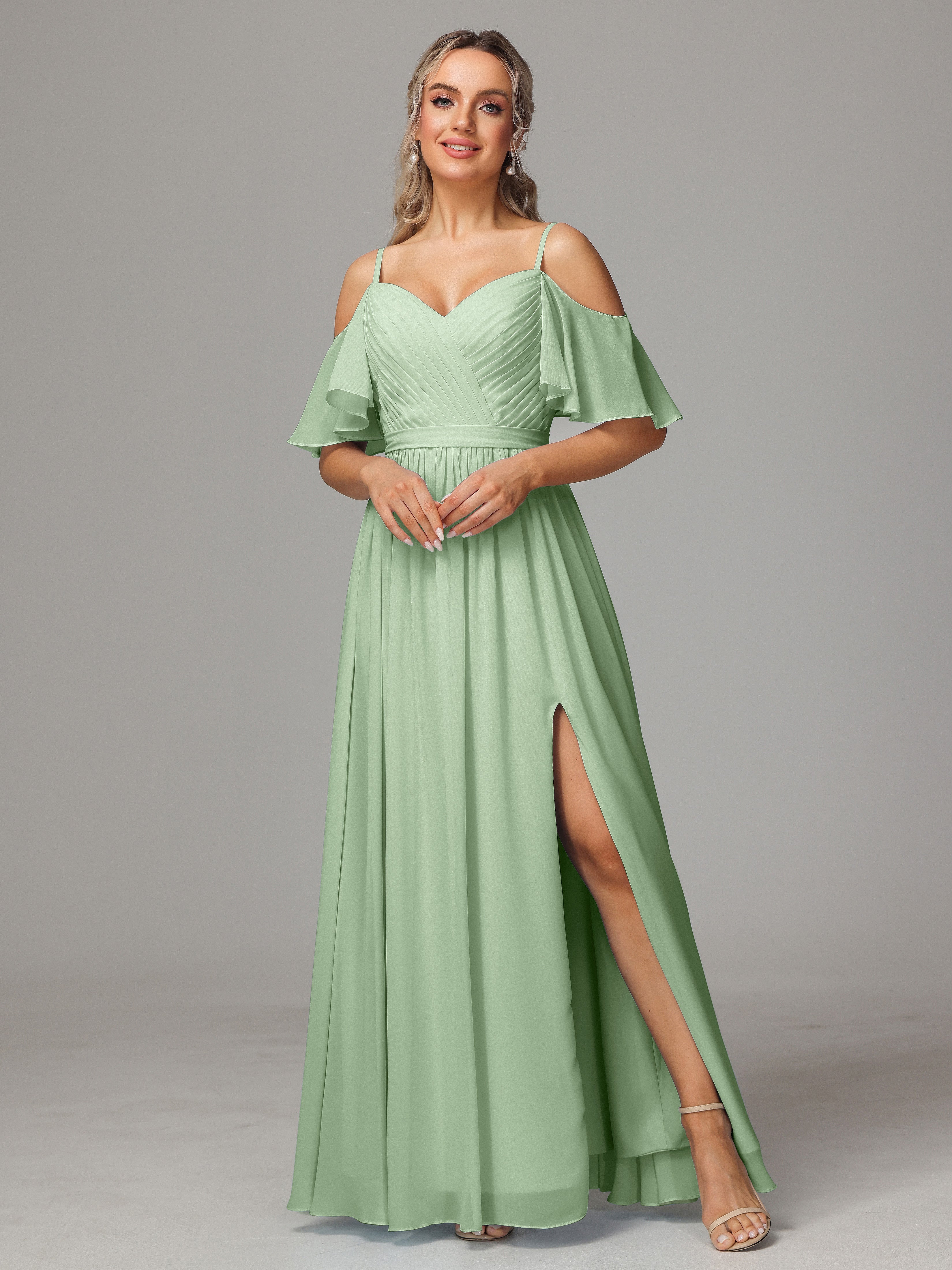 Off The Shoulder A Line Chiffon Bridesmaid Dress With Slit