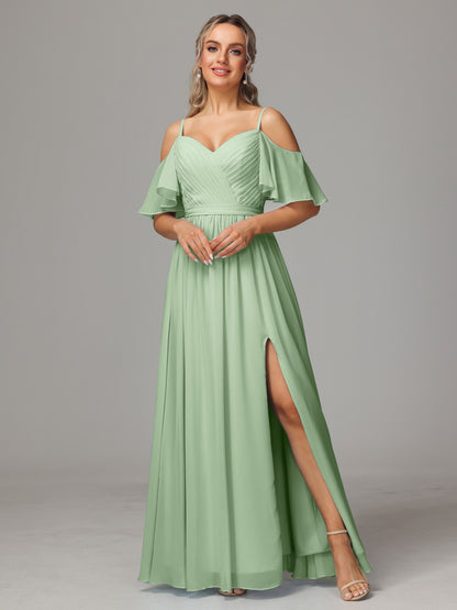 Off The Shoulder A Line Chiffon Bridesmaid Dress With Slit