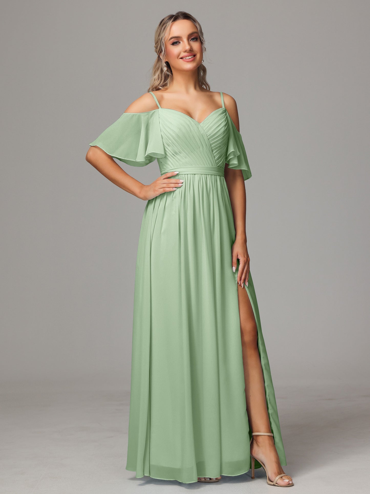 Off The Shoulder A Line Chiffon Bridesmaid Dress With Slit