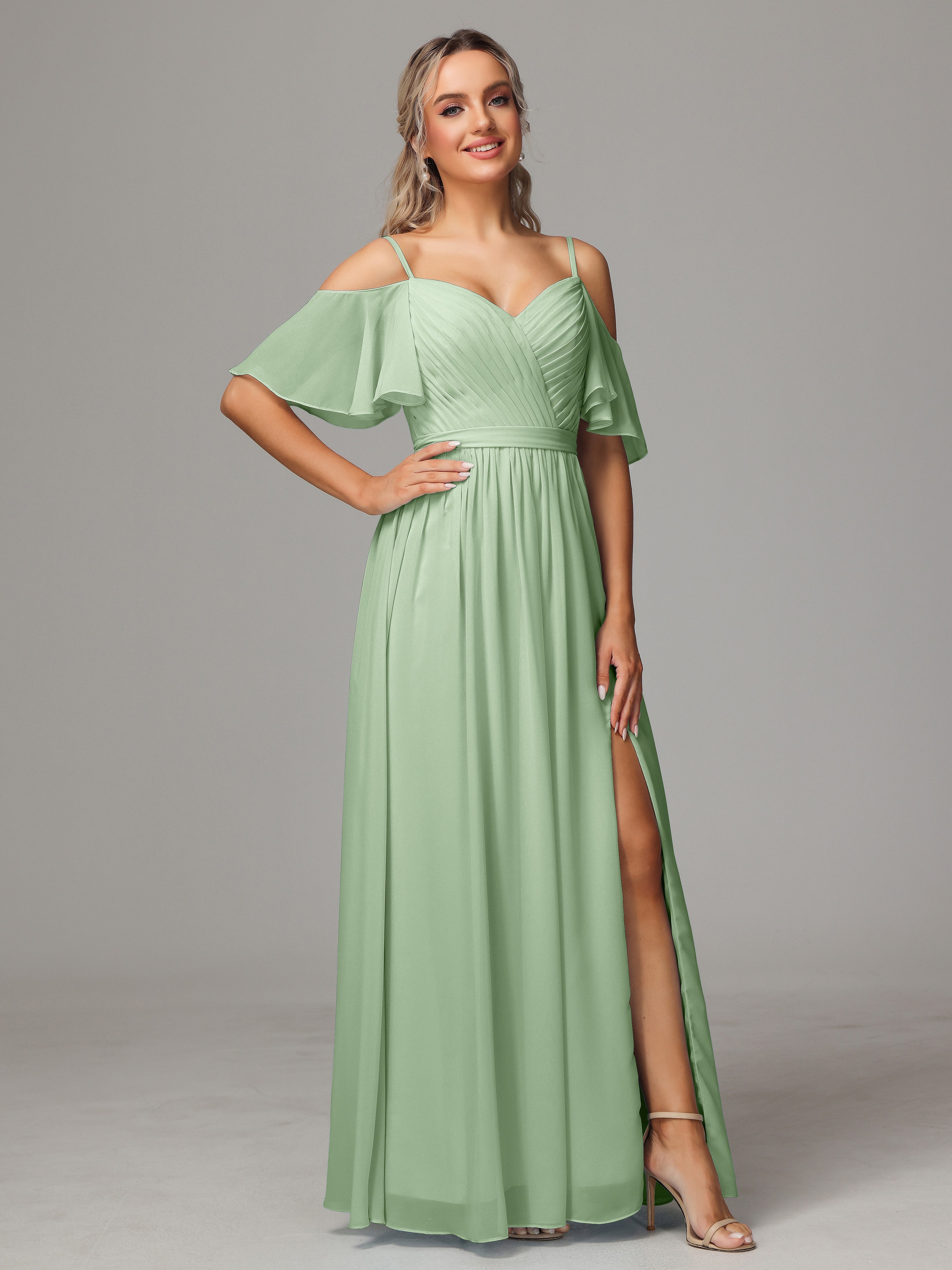 Off The Shoulder A Line Chiffon Bridesmaid Dress With Slit