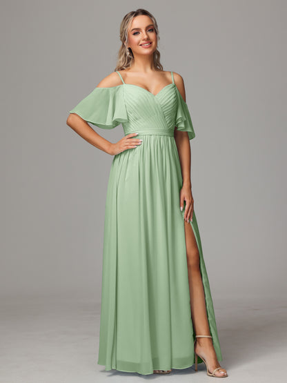 Off The Shoulder A Line Chiffon Bridesmaid Dress With Slit