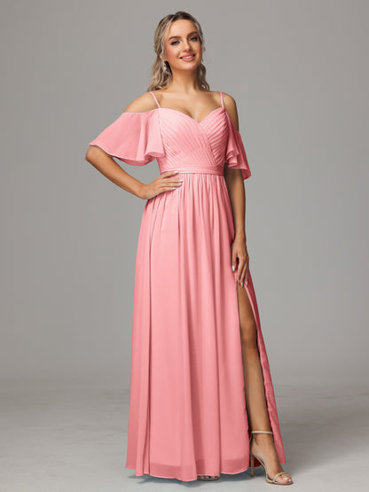 Off The Shoulder A Line Chiffon Bridesmaid Dress With Slit