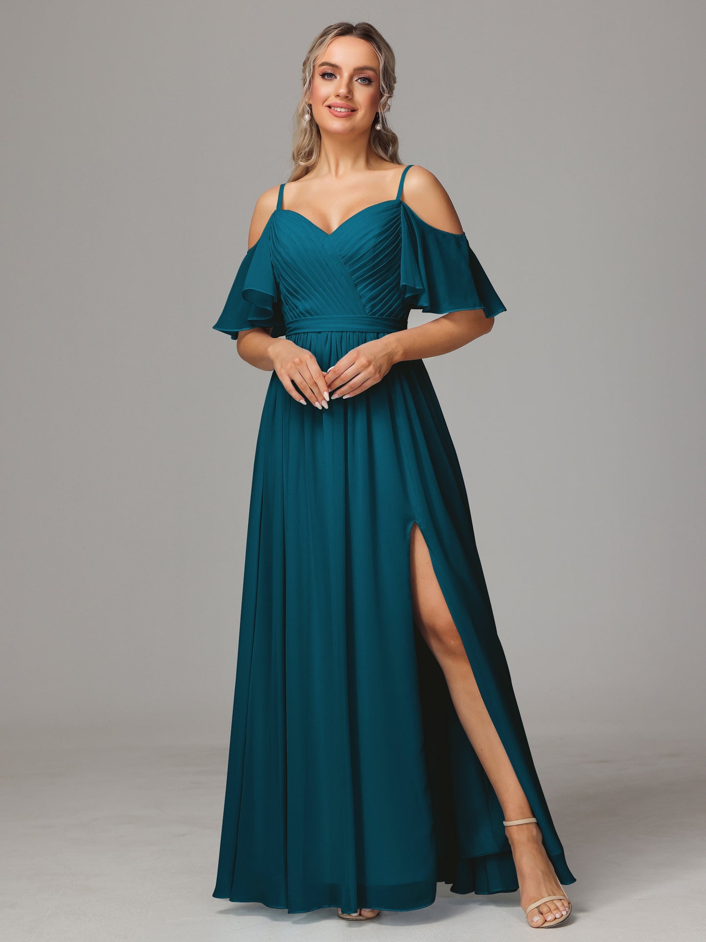 Off The Shoulder A Line Chiffon Bridesmaid Dress With Slit