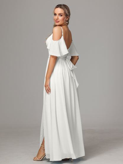 Off The Shoulder A Line Chiffon Bridesmaid Dress With Slit