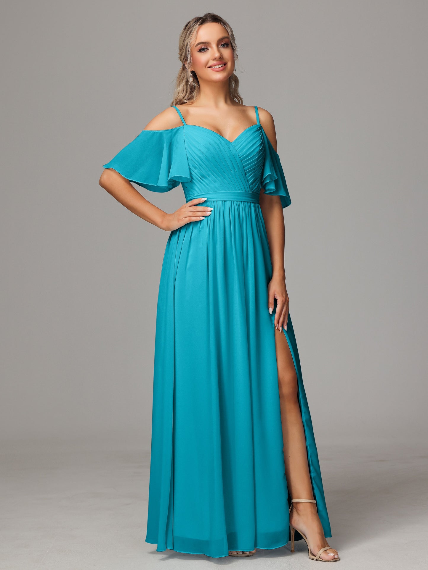 Off The Shoulder A Line Chiffon Bridesmaid Dress With Slit