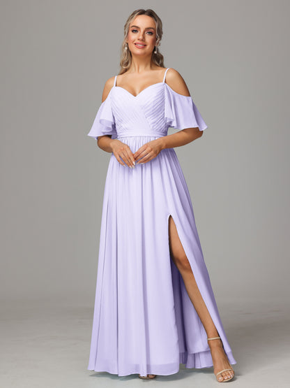 Off The Shoulder A Line Chiffon Bridesmaid Dress With Slit