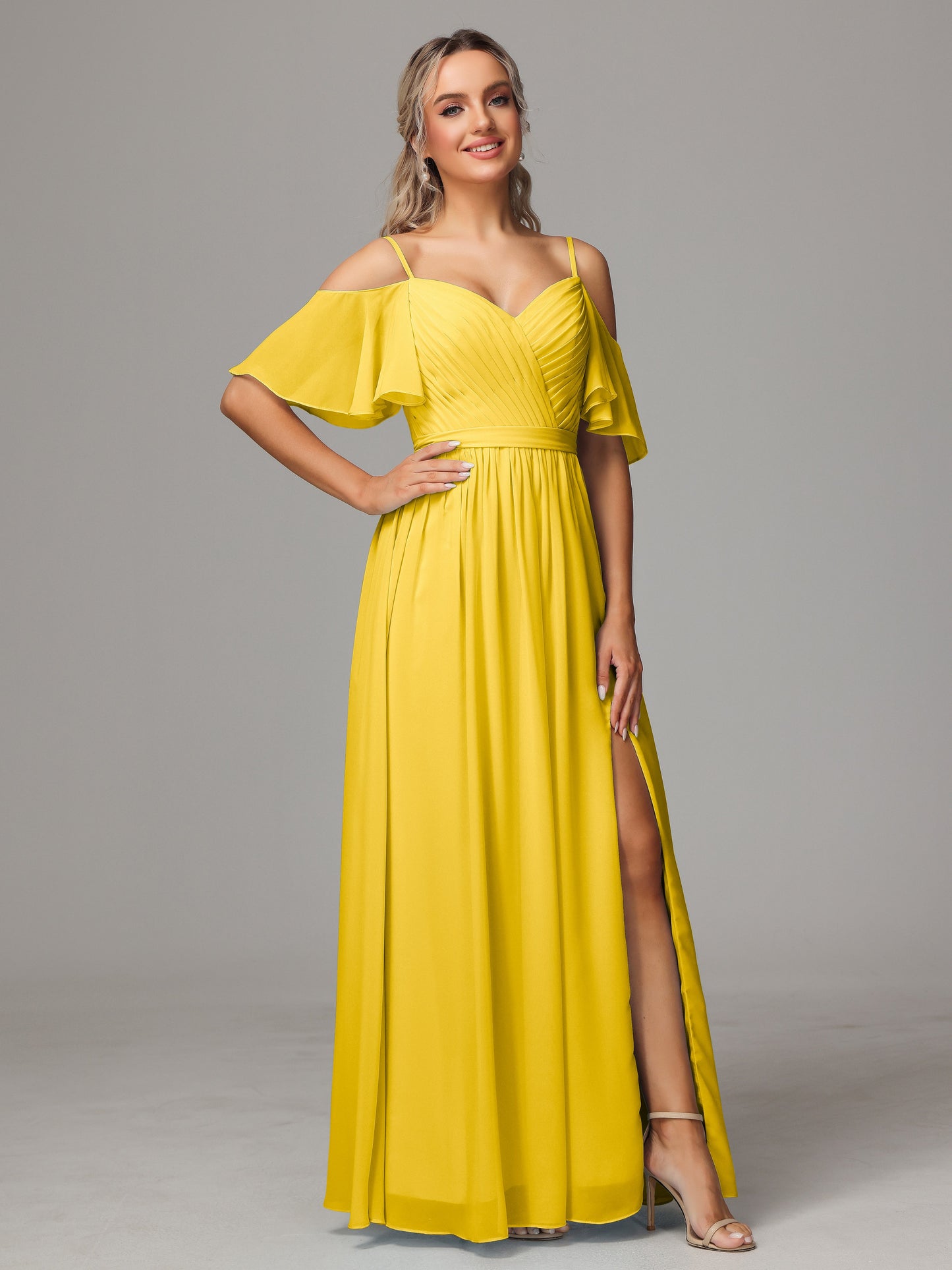 Off The Shoulder A Line Chiffon Bridesmaid Dress With Slit