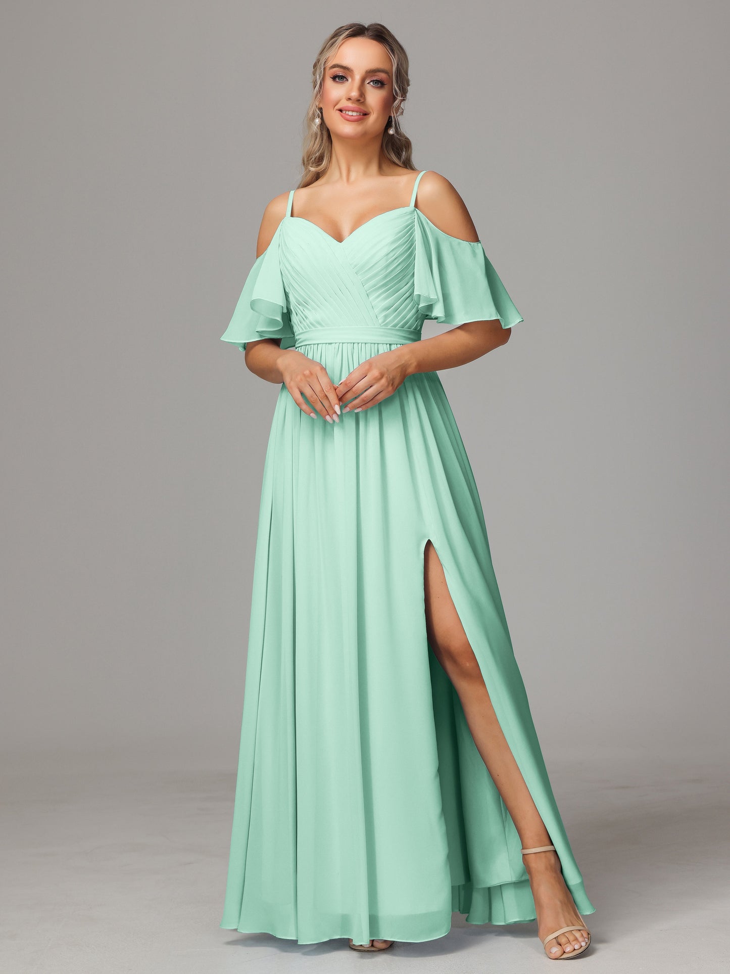 Off The Shoulder A Line Chiffon Bridesmaid Dress With Slit