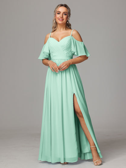 Off The Shoulder A Line Chiffon Bridesmaid Dress With Slit