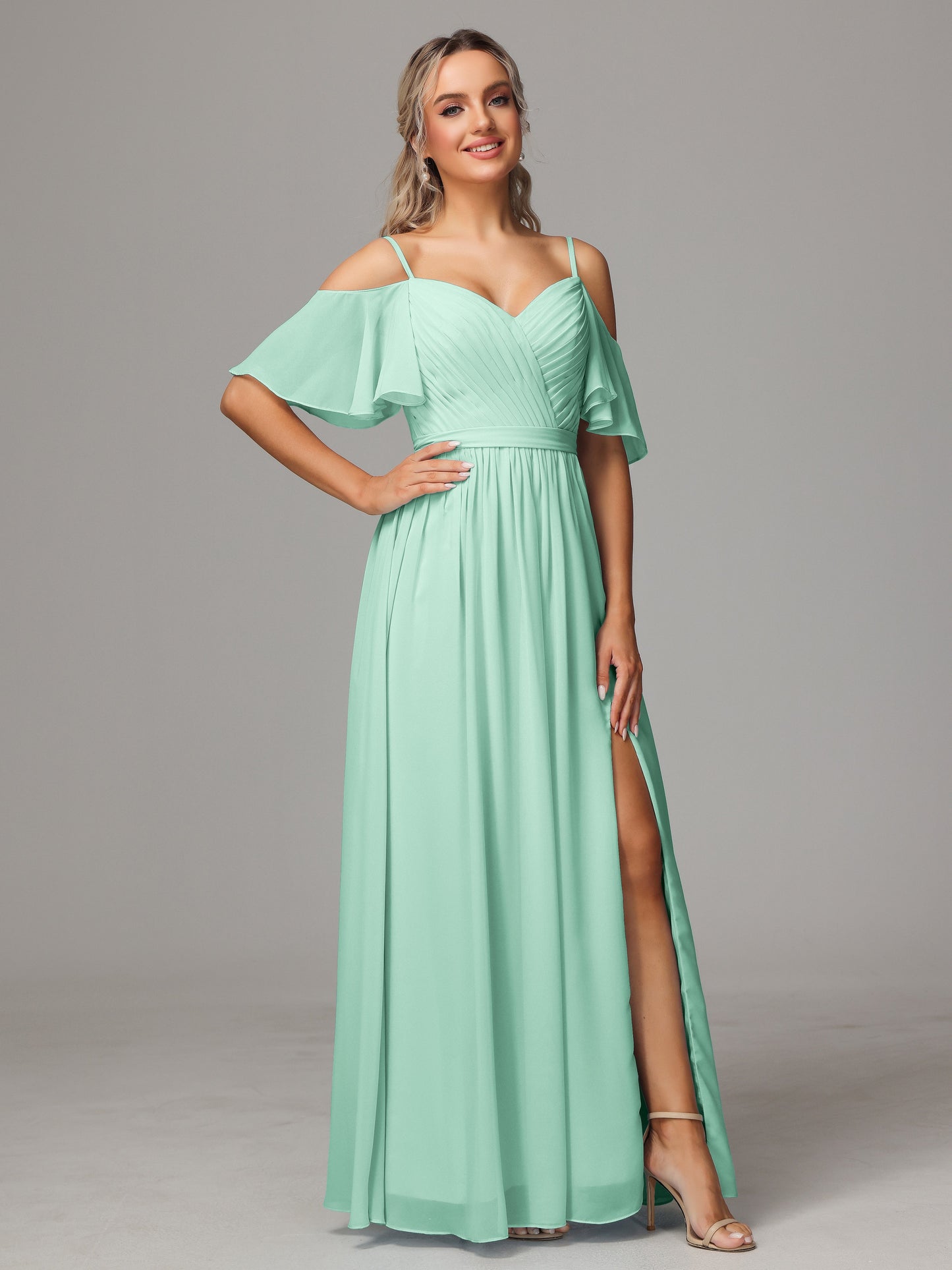 Off The Shoulder A Line Chiffon Bridesmaid Dress With Slit