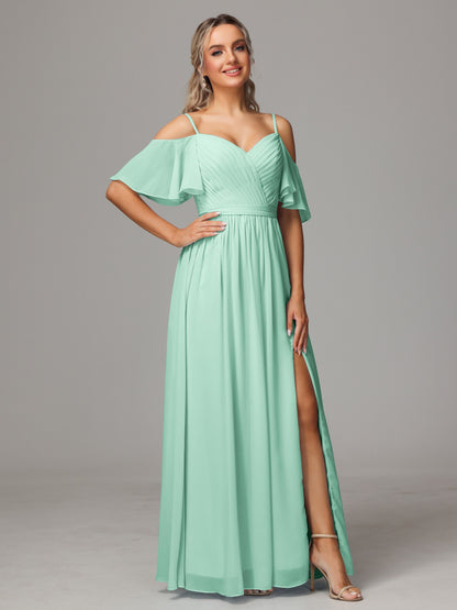 Off The Shoulder A Line Chiffon Bridesmaid Dress With Slit