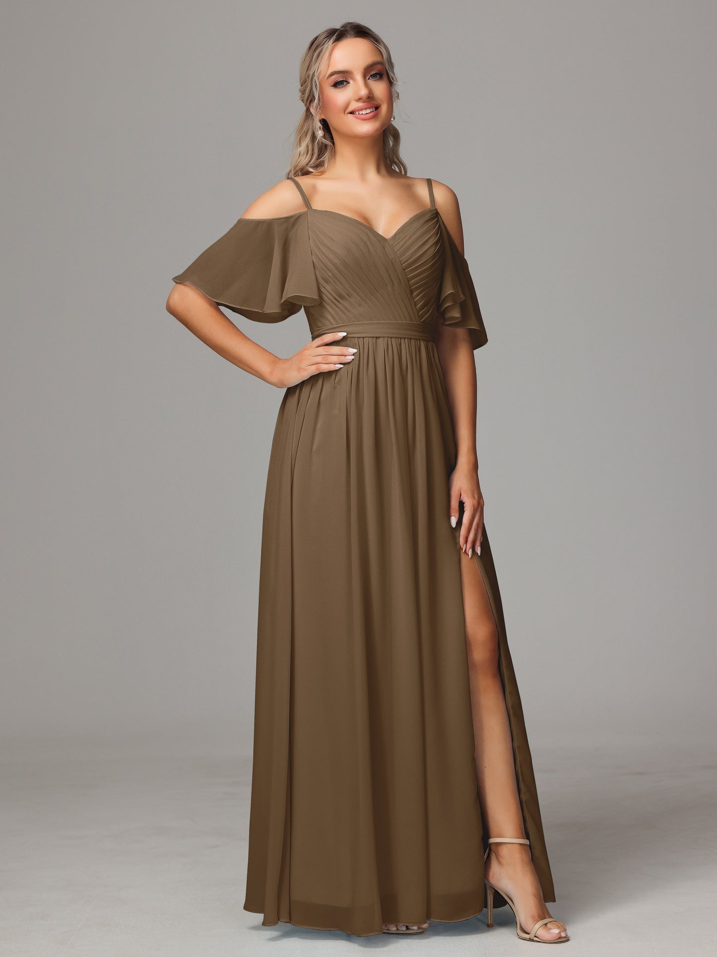Off The Shoulder A Line Chiffon Bridesmaid Dress With Slit