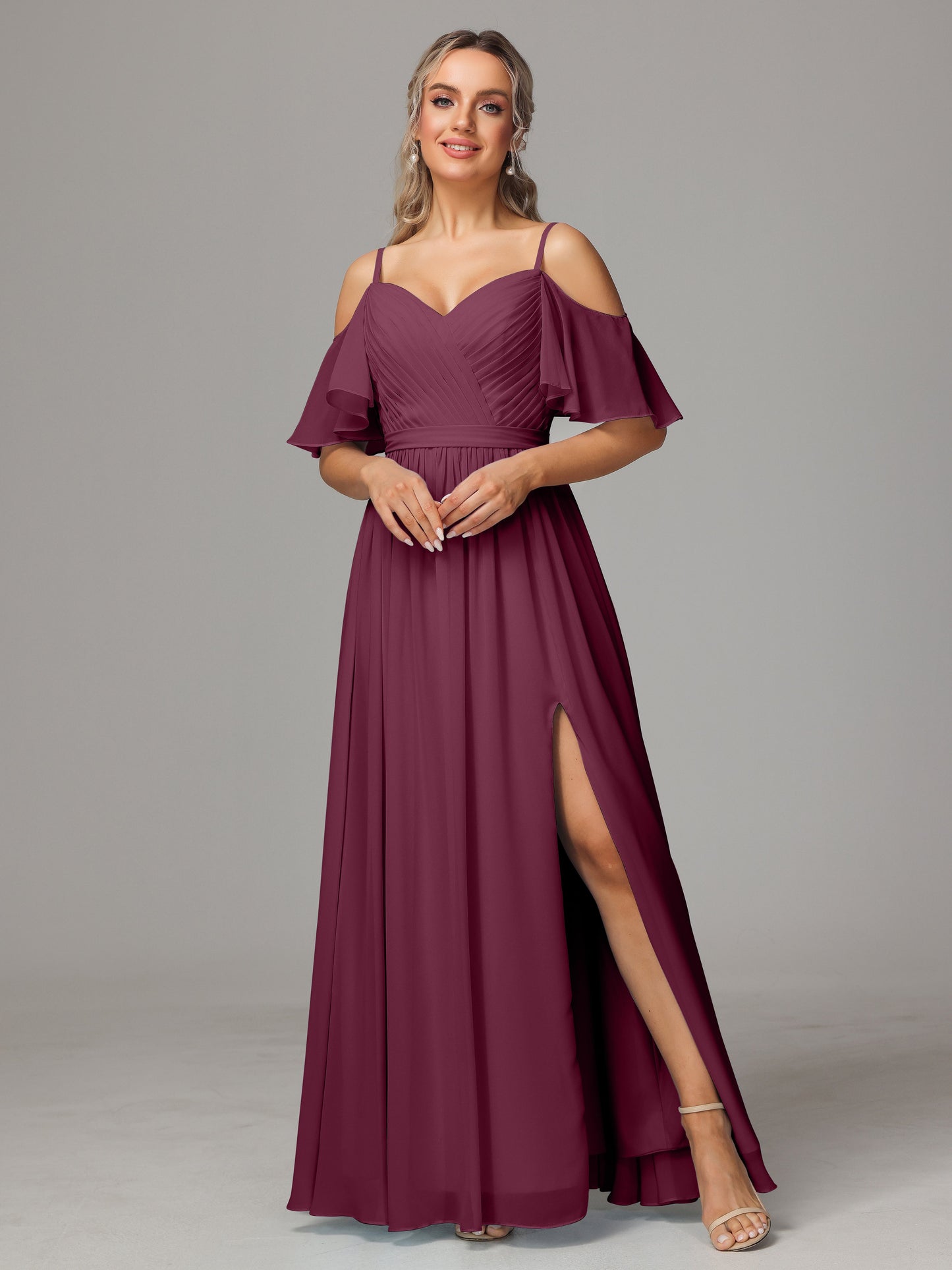 Off The Shoulder A Line Chiffon Bridesmaid Dress With Slit