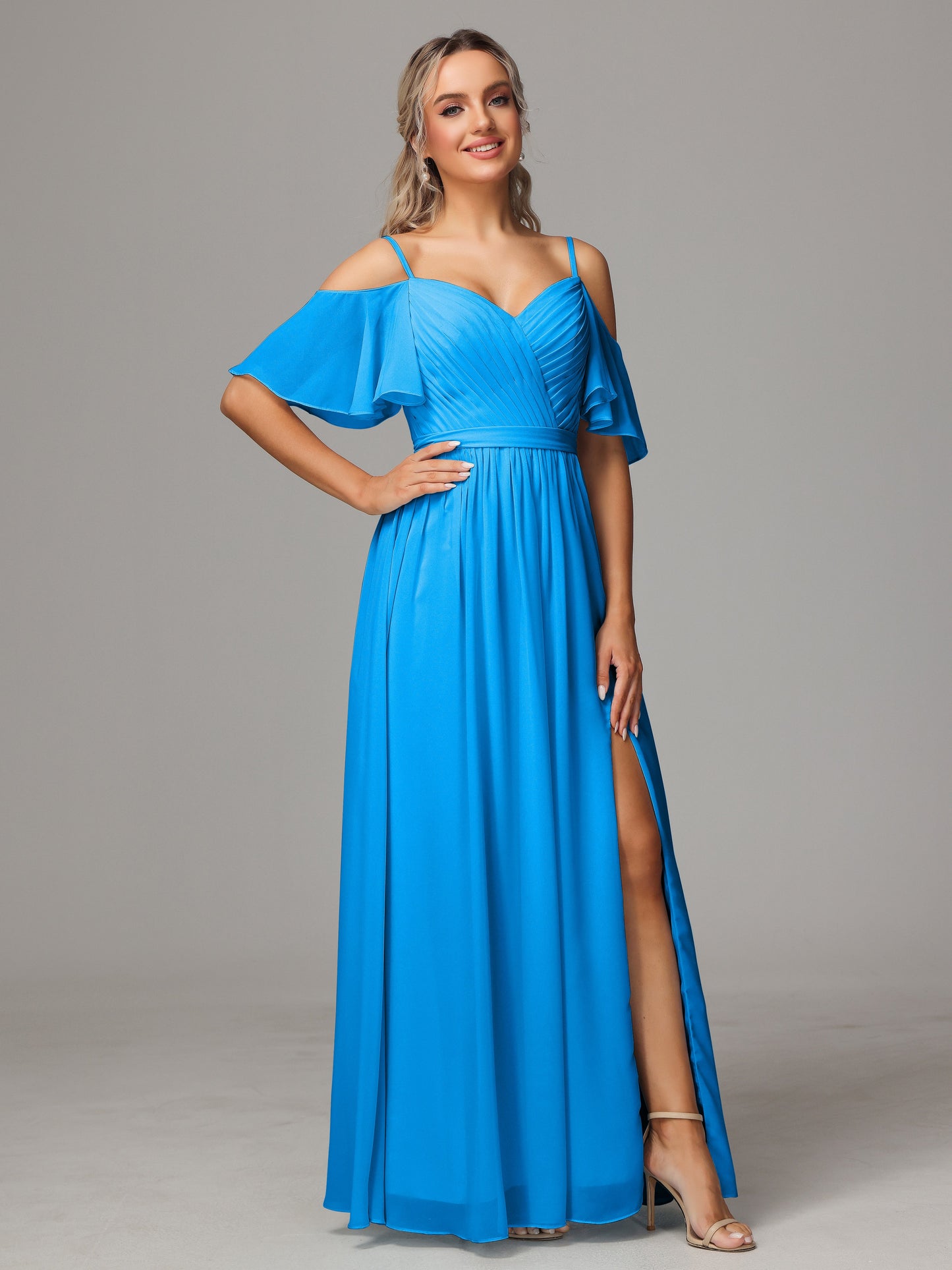 Off The Shoulder A Line Chiffon Bridesmaid Dress With Slit