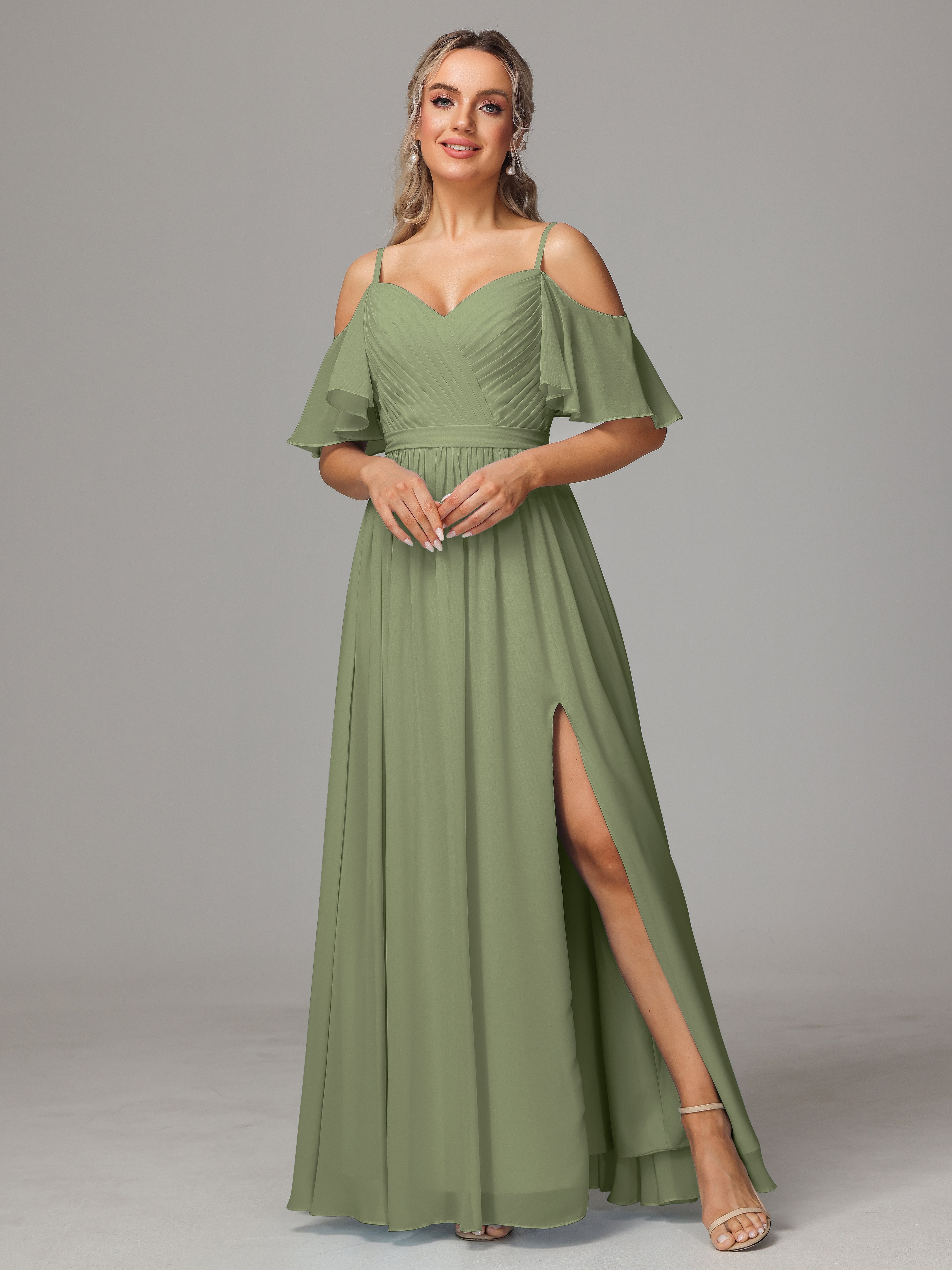 Off The Shoulder A Line Chiffon Bridesmaid Dress With Slit