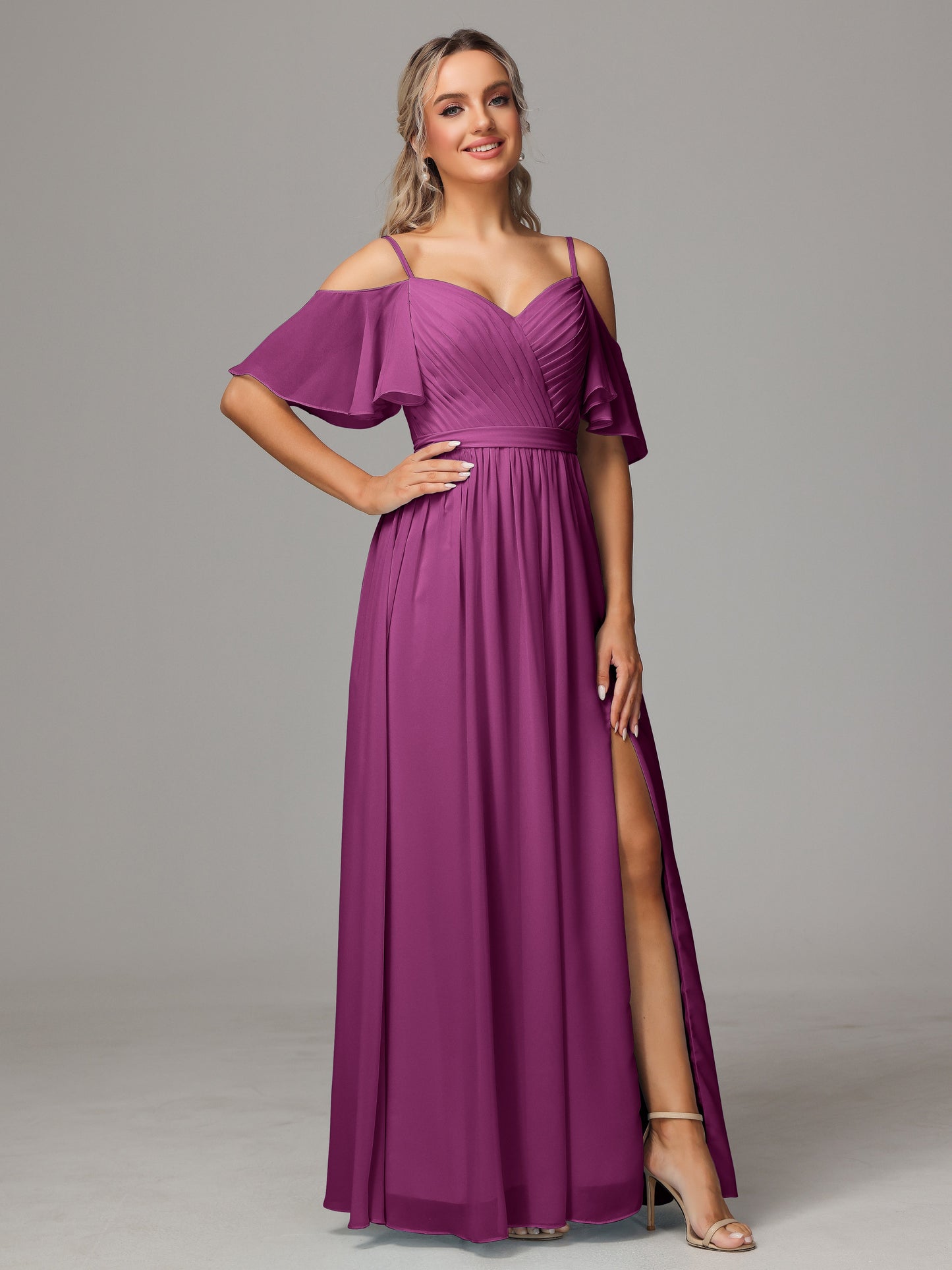 Off The Shoulder A Line Chiffon Bridesmaid Dress With Slit