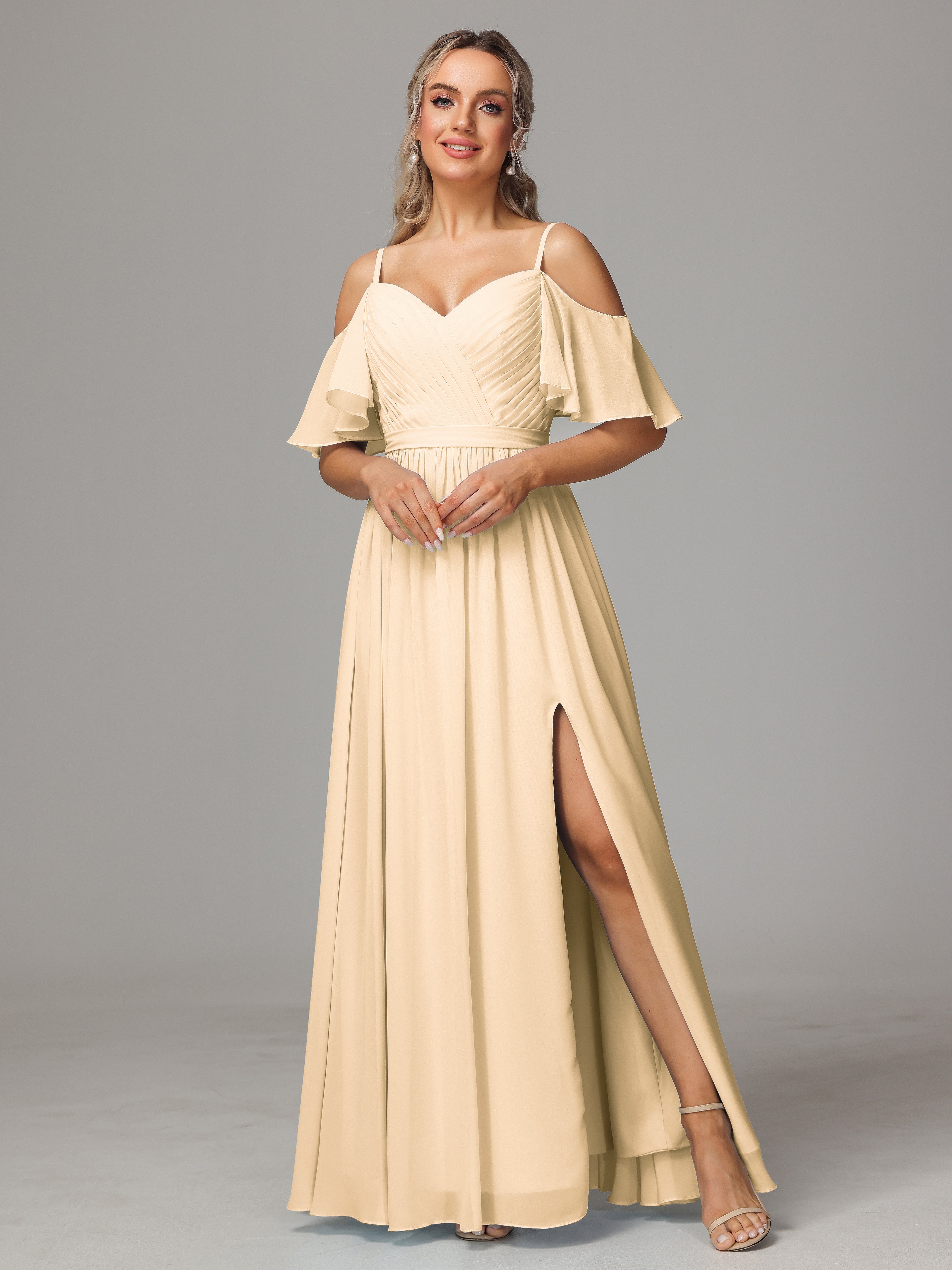 Off The Shoulder A Line Chiffon Bridesmaid Dress With Slit