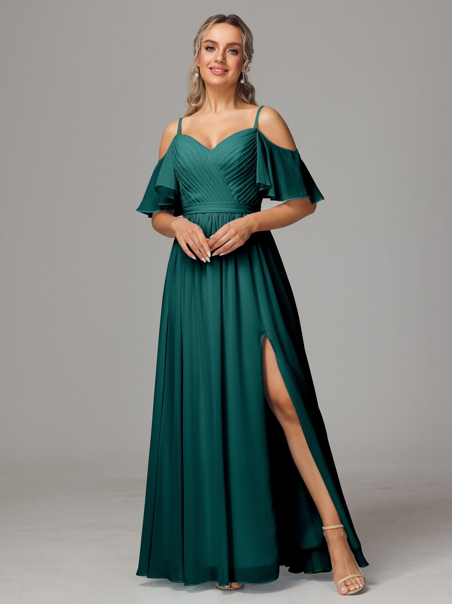 Off The Shoulder A Line Chiffon Bridesmaid Dress With Slit