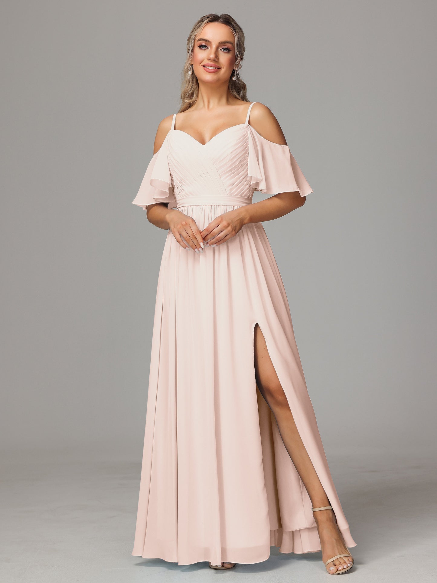 Off The Shoulder A Line Chiffon Bridesmaid Dress With Slit