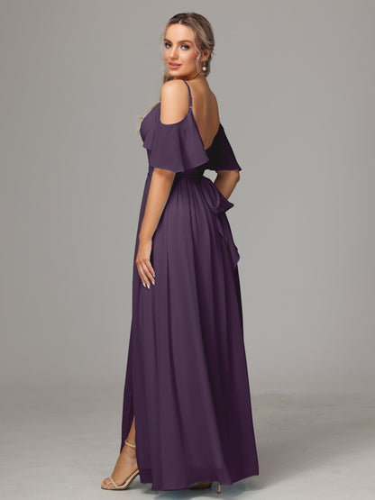 Off The Shoulder A Line Chiffon Bridesmaid Dress With Slit
