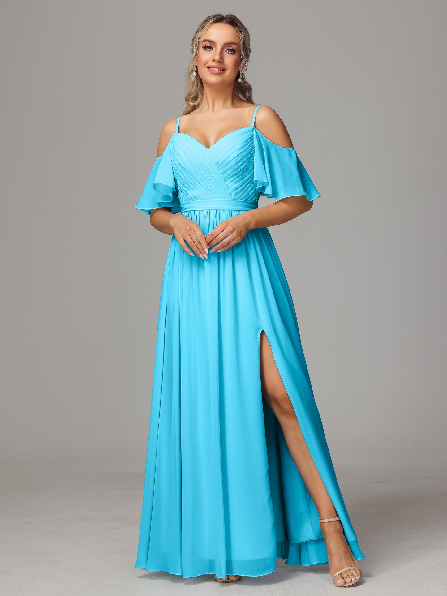 Off The Shoulder A Line Chiffon Bridesmaid Dress With Slit