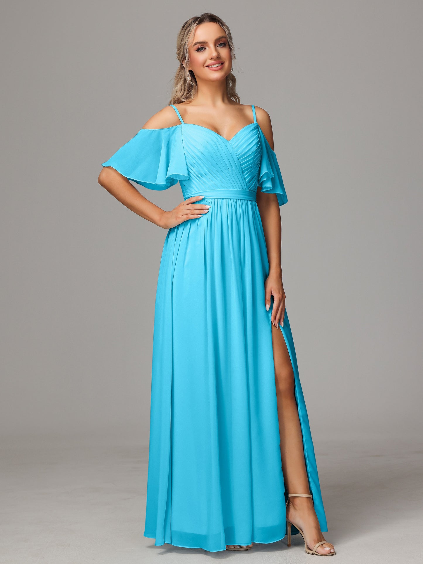 Off The Shoulder A Line Chiffon Bridesmaid Dress With Slit