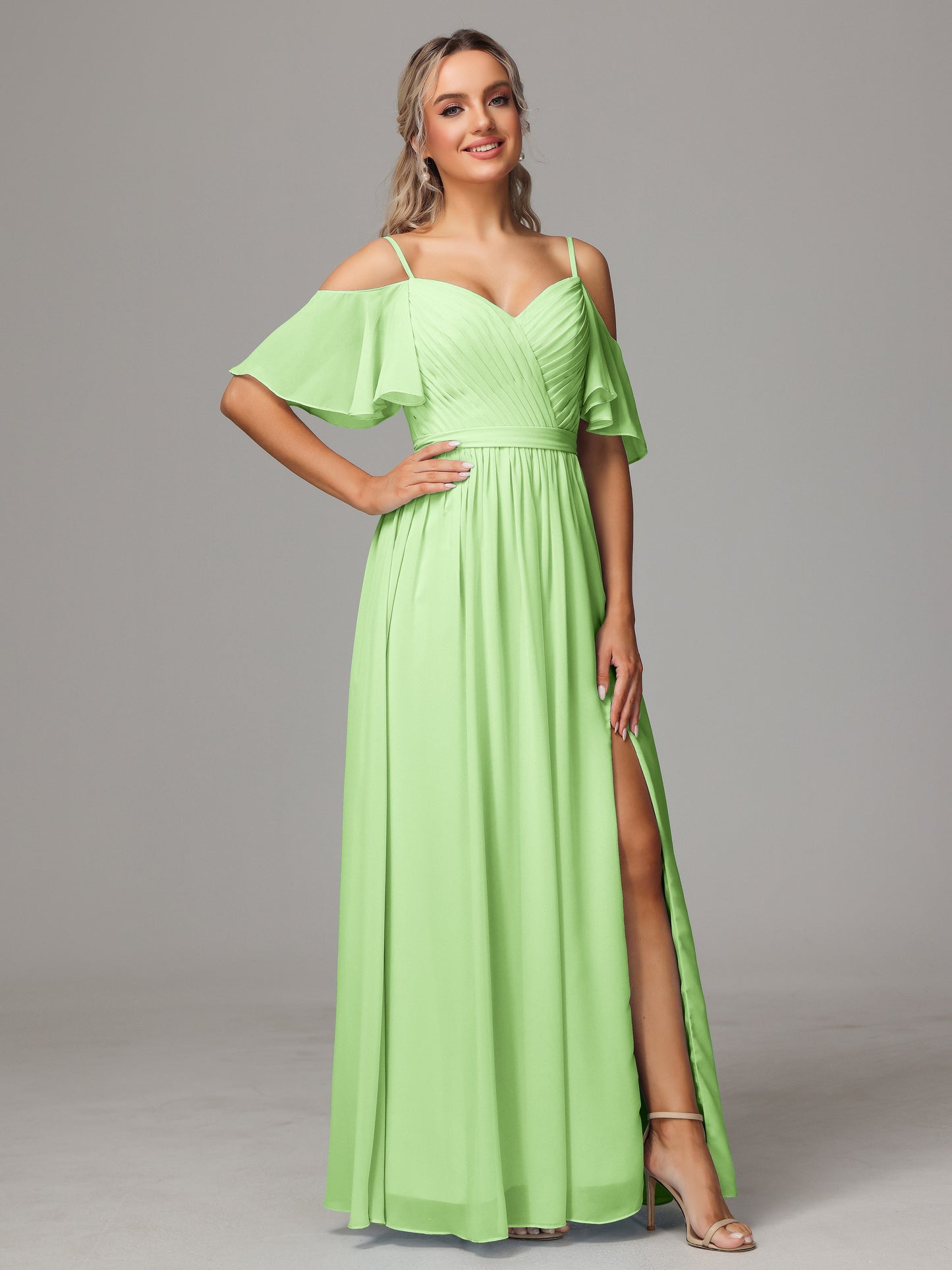 Off The Shoulder A Line Chiffon Bridesmaid Dress With Slit